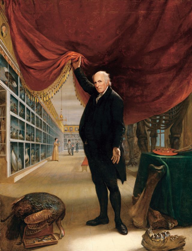Peale's oil on canvas of himself in his museum holding up a red curtain.