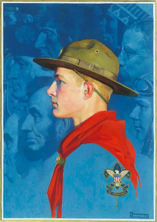 Rockwell's oil on canvas of side image of a boy scout with images of other famous people behind him such as Abraham Lincoln, and George Washington.