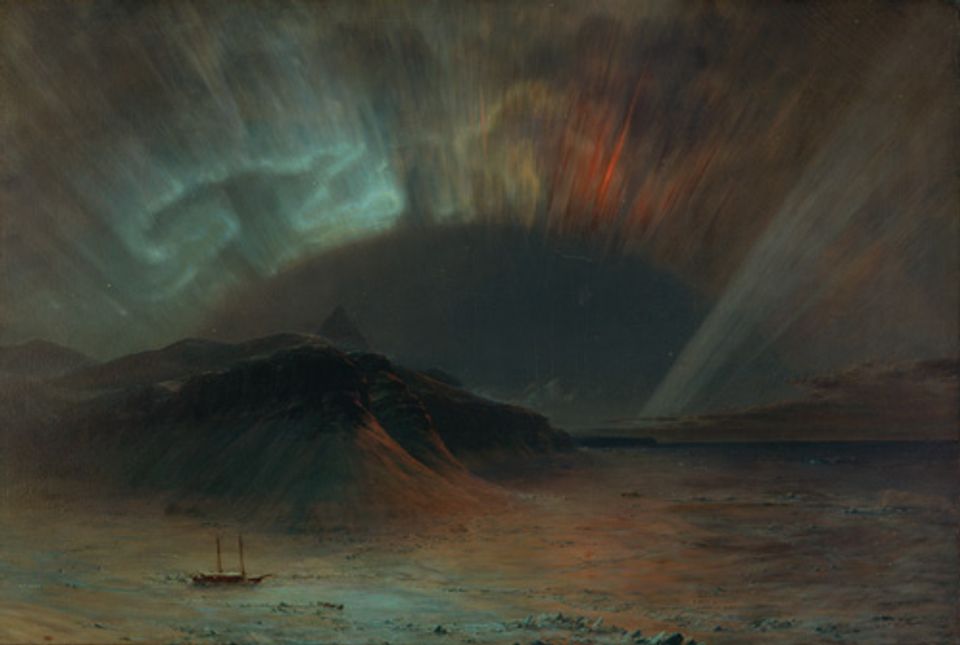 Church's oil on canvas of the Aurora Borealis with mountains in the middle ground and the painted sky in the background.