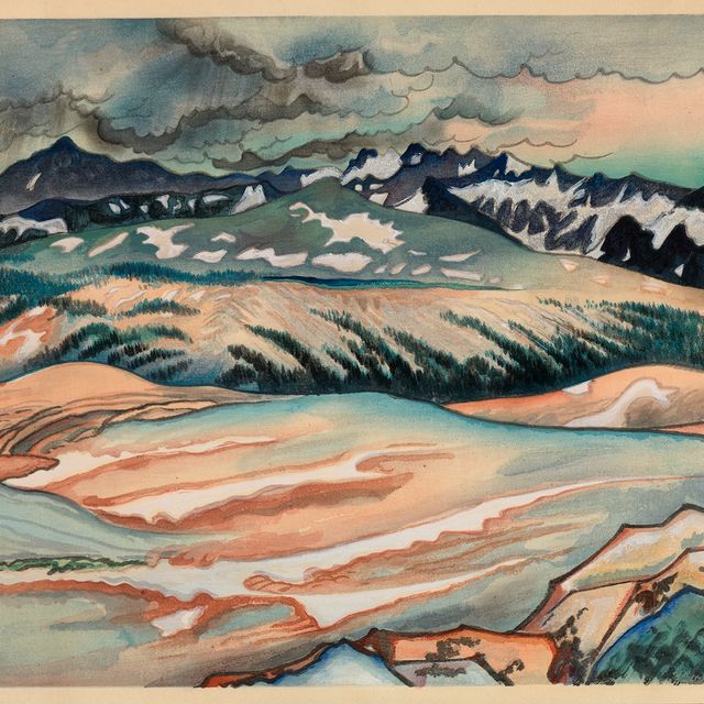 A watercolor image of landscape with snow.