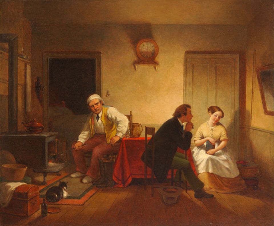 Edmonds' oil on canvas of a scene in a kitchen with three figures.