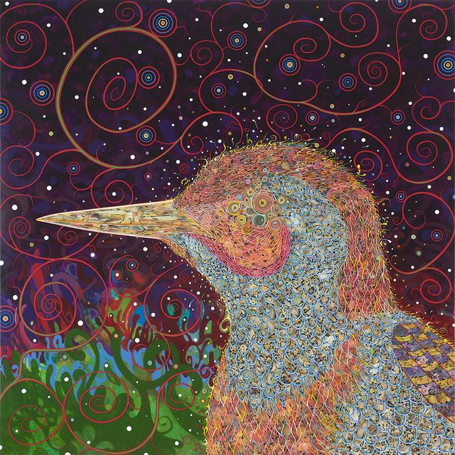 An artwork of a bird with small unique details.