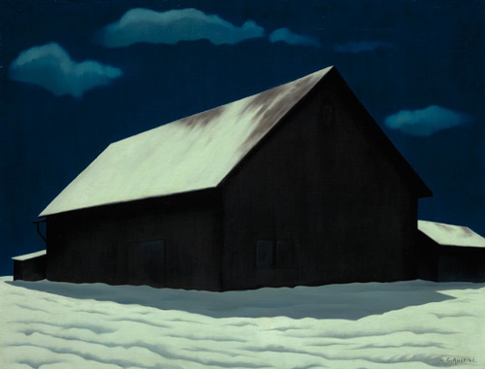 Ault's oil on canvas of a barn with snow at night.
