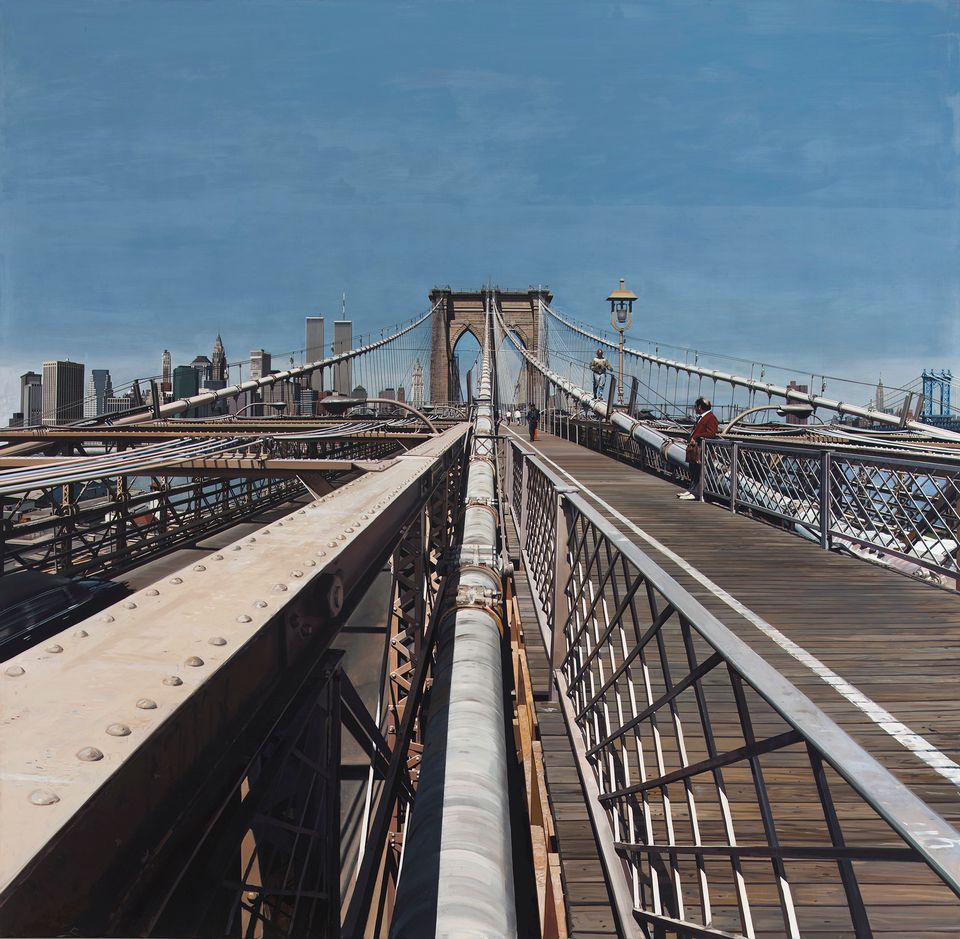 Estes' Brooklyn Bridge, a painting from the Brooklyn bridge with the city in the background.