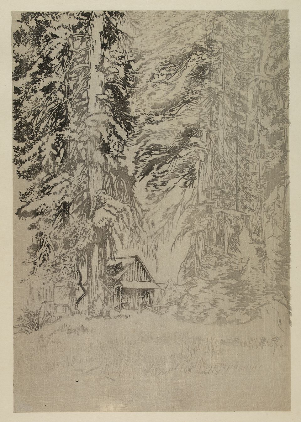 A watercolor image of a small inn surrounded by trees. 