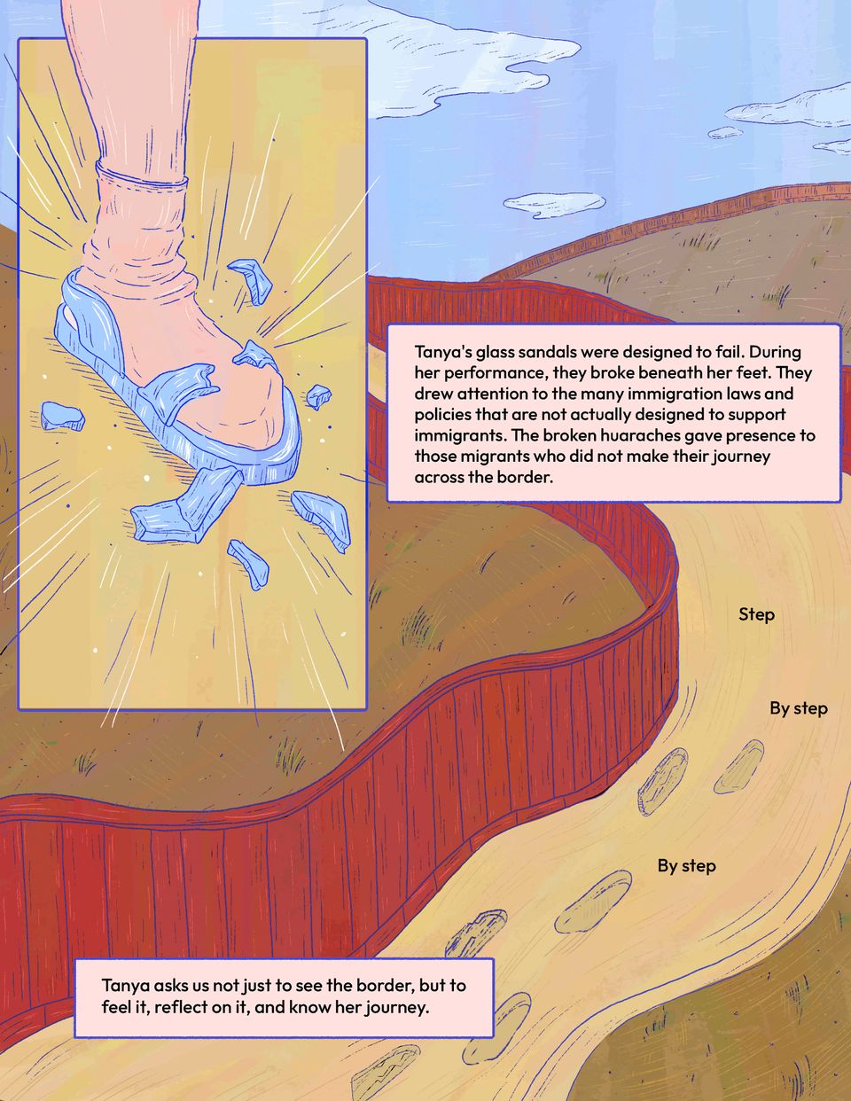 Illustration and description of a border landscape with a vignette of Tanya’s foot smashing the glass huarache she wore as part of her performance.