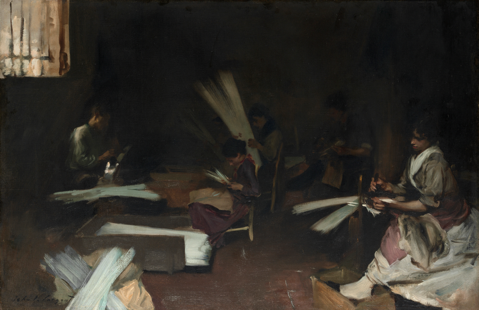 A painting of a group of young women seated in a dark room and leaning over long white strips of material.