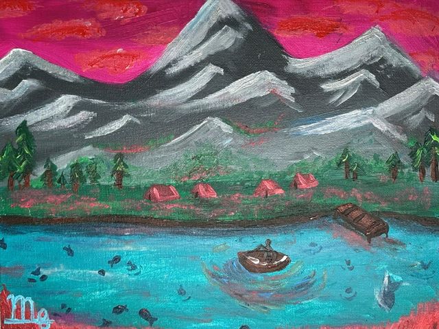 A painting of a lake with mountains and a pink sky