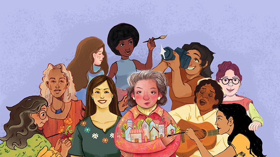 An illustration of a group of 10 women artists.