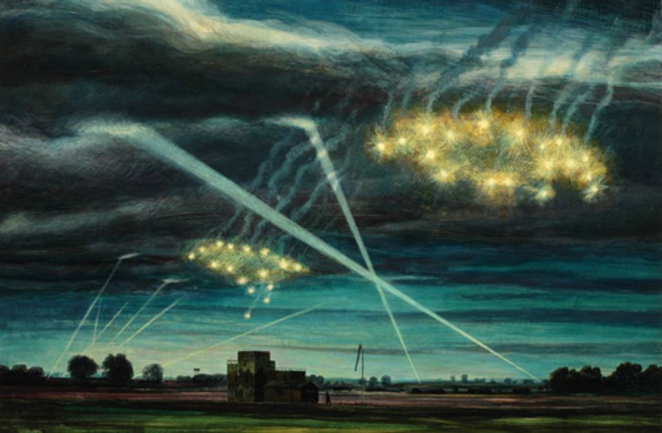 Hurd's tempera painting of a landscape at night with fireworks in the air. 