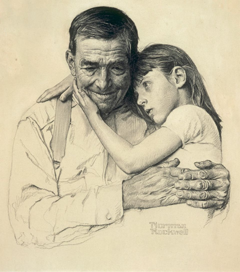 Rockwell's charcoal on paper of a father and his father embracing.
