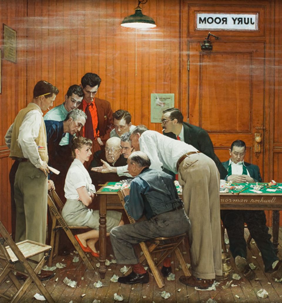Rockwell's oil on canvas of a woman sitting down surrounded by men inside a jury room.