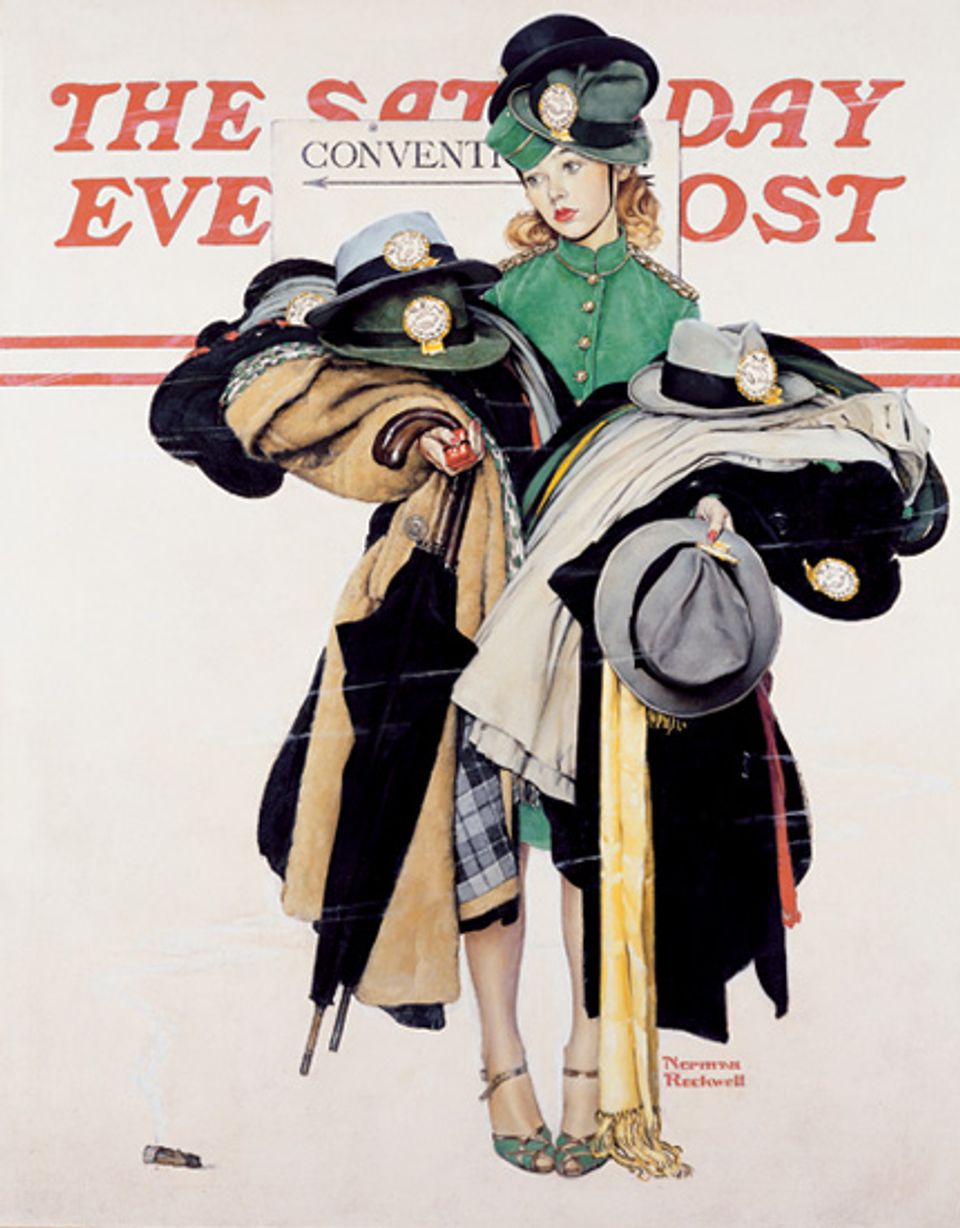 Rockwell's oil on canvas of a woman with coats and hats piling up in her arms.