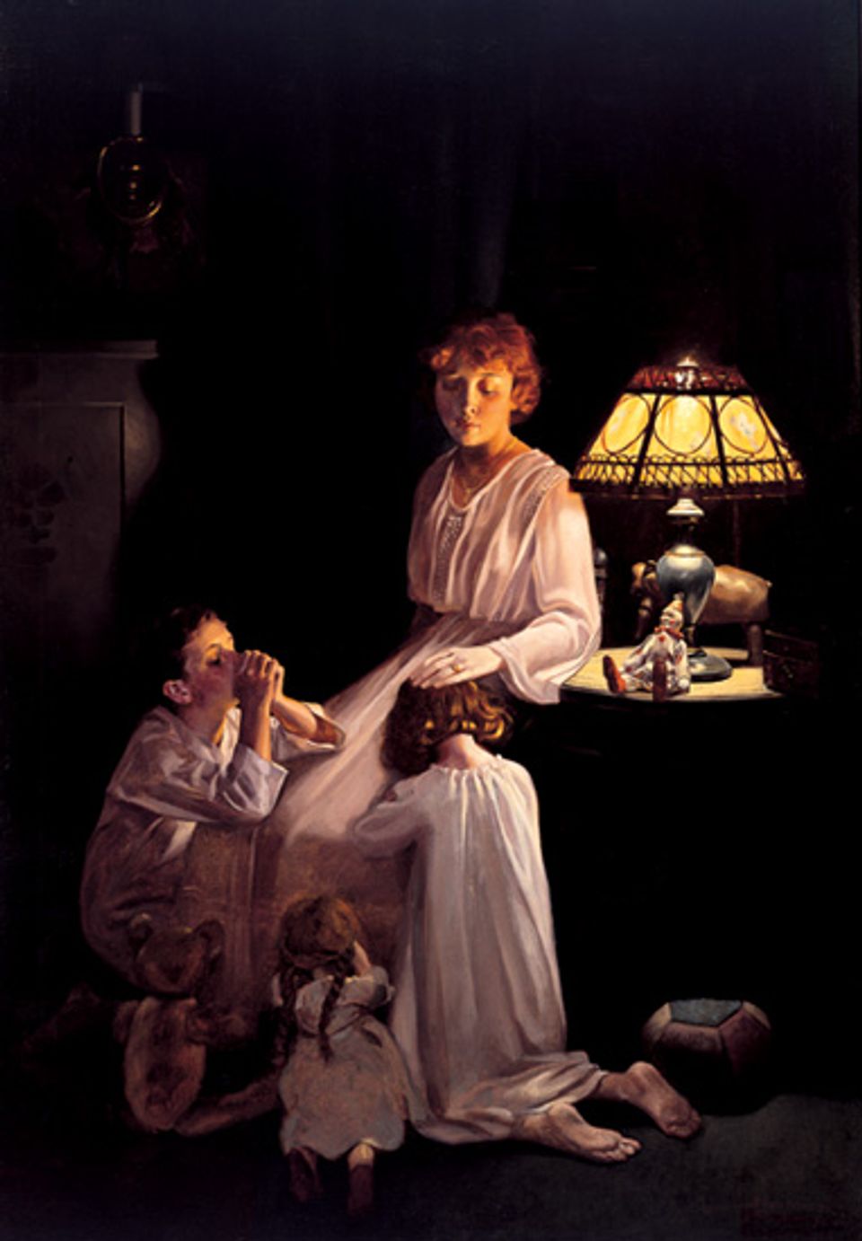 Rockwell's oil on canvas of a lady sitting next to a lamp with her three children sitting by her side. 