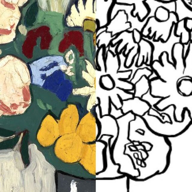 Painting of a bouquet of multicolored flowers on the left and outline of bouquet of flowers in black contour line over white on the right. 