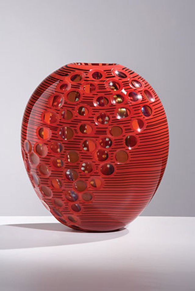 A red glass vessel. 