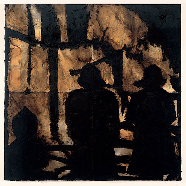 A panting in yellow and black with three firemen in silhouette.