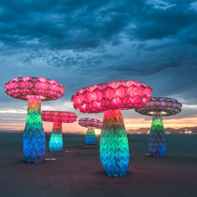 The sculpture piece, Shrumen Lumen, at Burning Man at night lit up. 