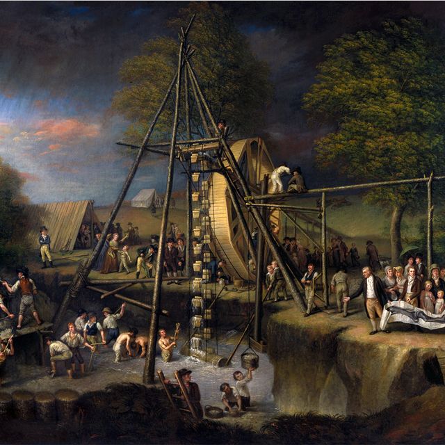 a scene in a painting where they are lifting up a mastodon.