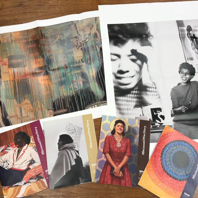 A photograph of six different artworks on postcards.