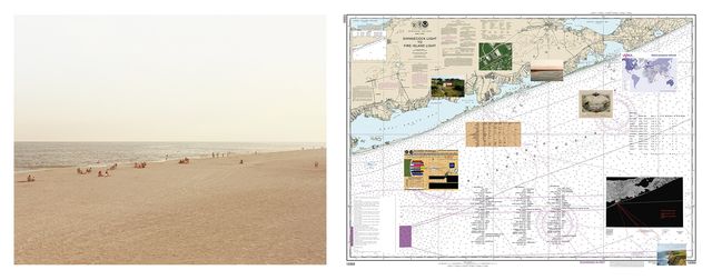 The piece on the left is an image of a beach and the piece on the right is an arial map with sites pinpointed and images.