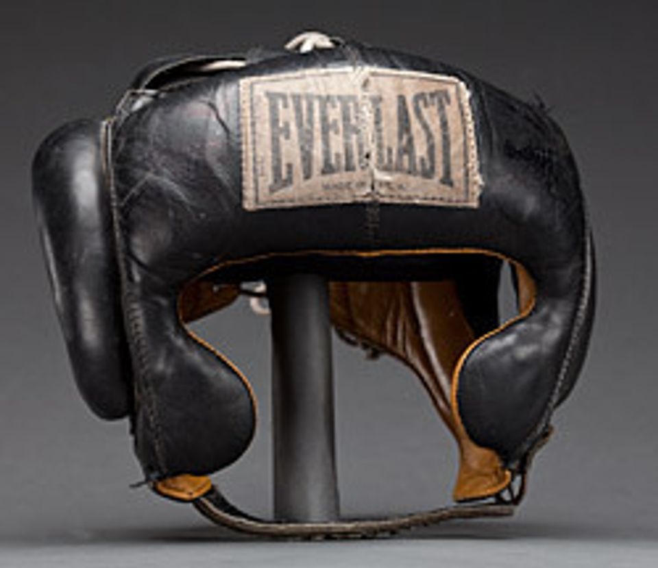 A photo of boxing headgear worn by Muhammad Ali.