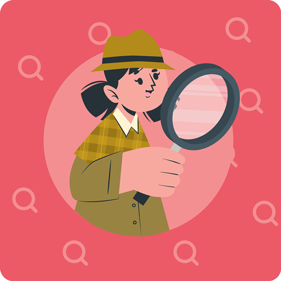 Illustration of a girl wearing a fedora and looking through a larger-than-life magnifying glass.