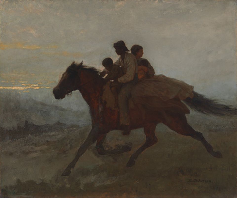 Johnson's oil on board of a family riding a horse with the woman looking behind as the man looks forward.