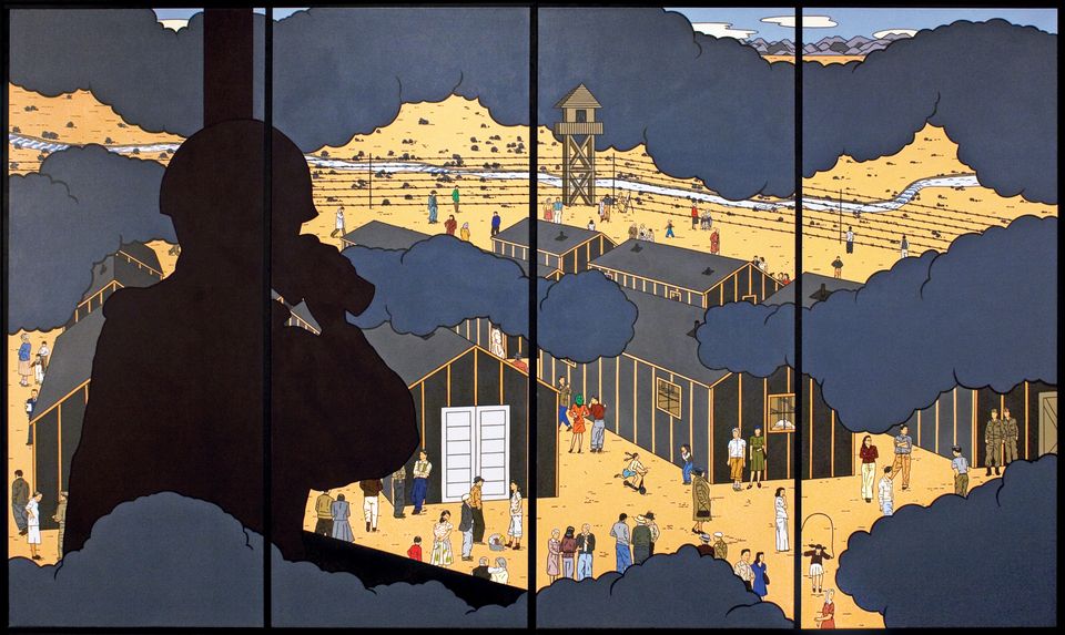 A four-panel painting depicting a concentration camp. At the forefront is a silhouette of a guard at a watchtower.