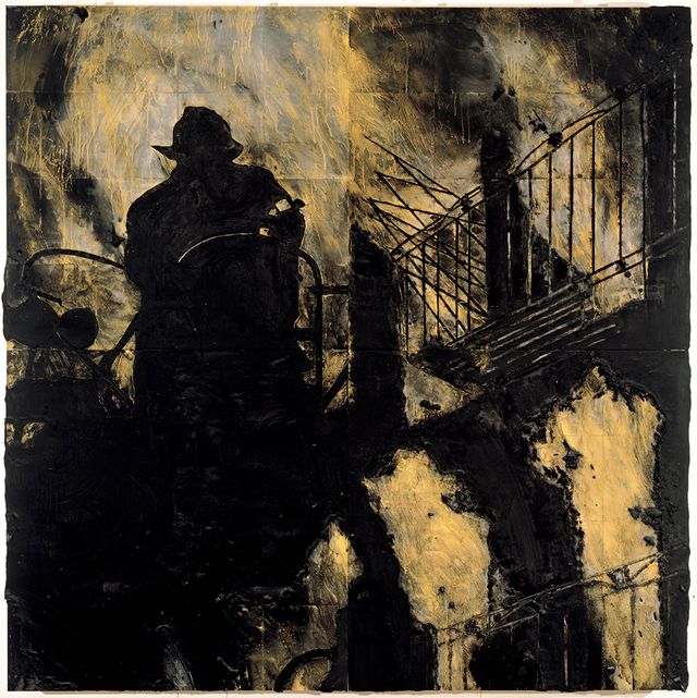 A painting in yellow and black with a fireman in silhouette. 