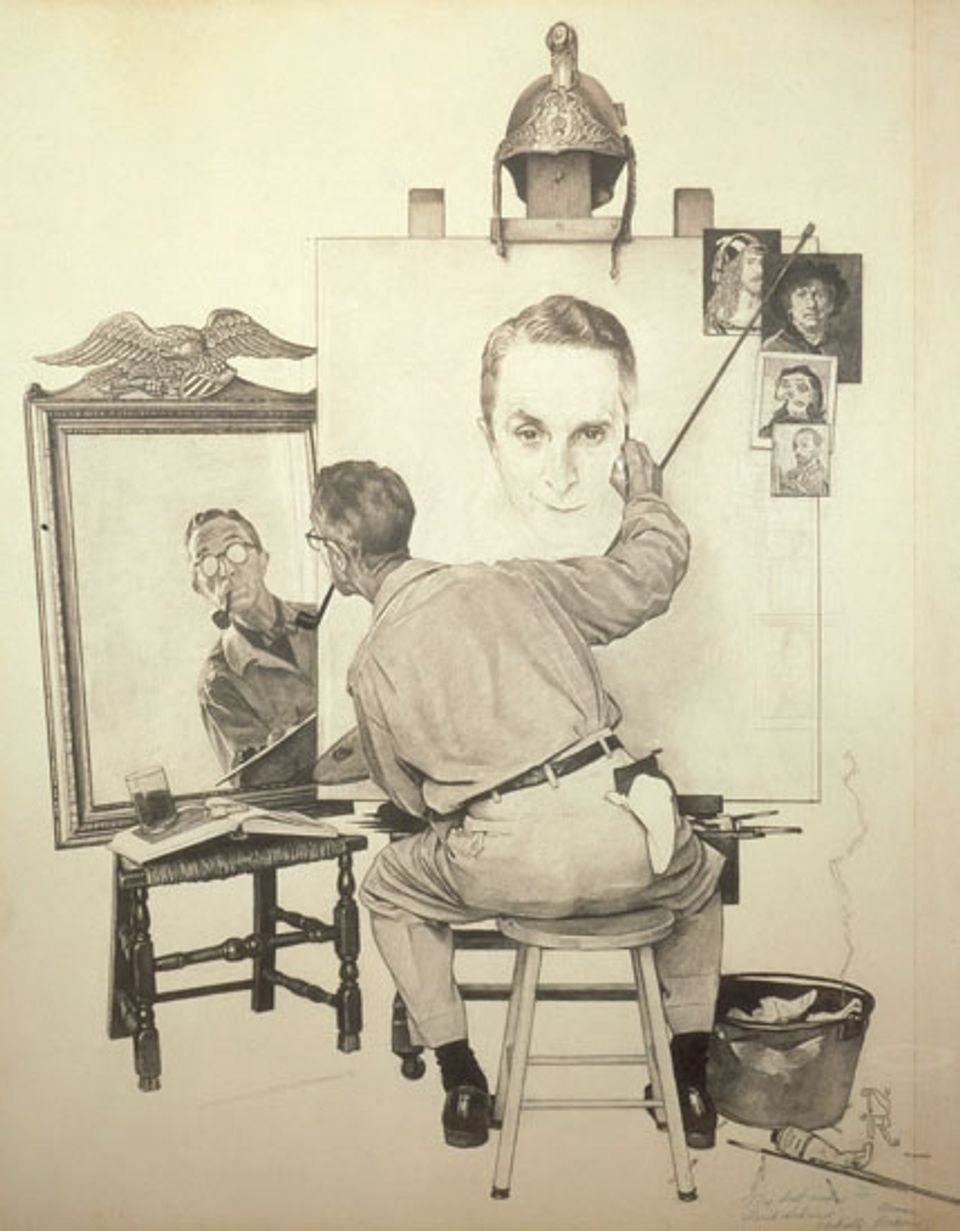 Rockwell's charcoal and pencil on board of a triple self portrait where it is a drawing of him looking at himself through a mirror and drawing it on a canvas.
