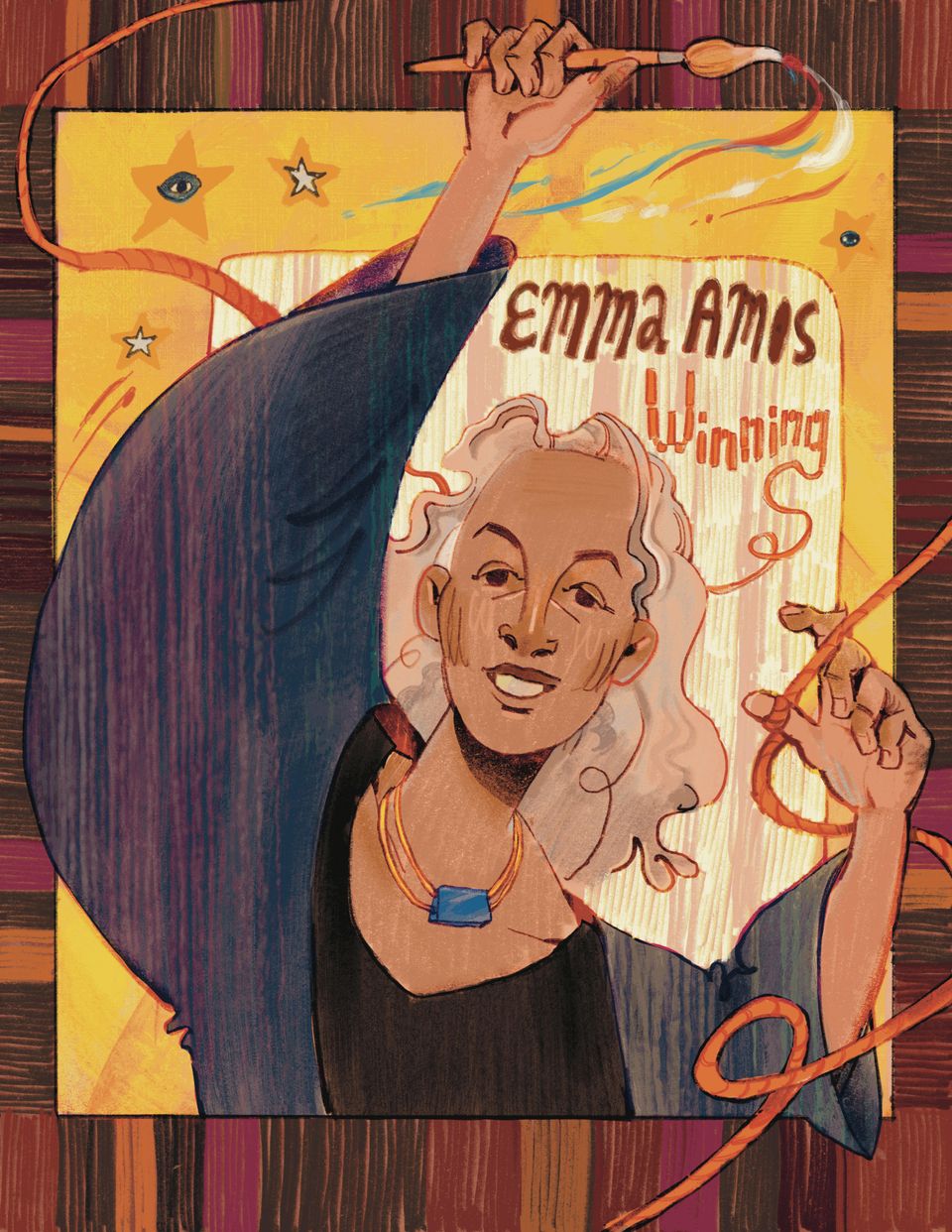 Emma Amos stands centrally, holding yarn and a paint brush, surrounded by a woven background. Text reads: "Emma Amos: Winning."