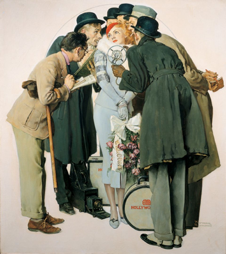 Rockwell's oil on canvas of a movie scarlet surrounded by reporters.