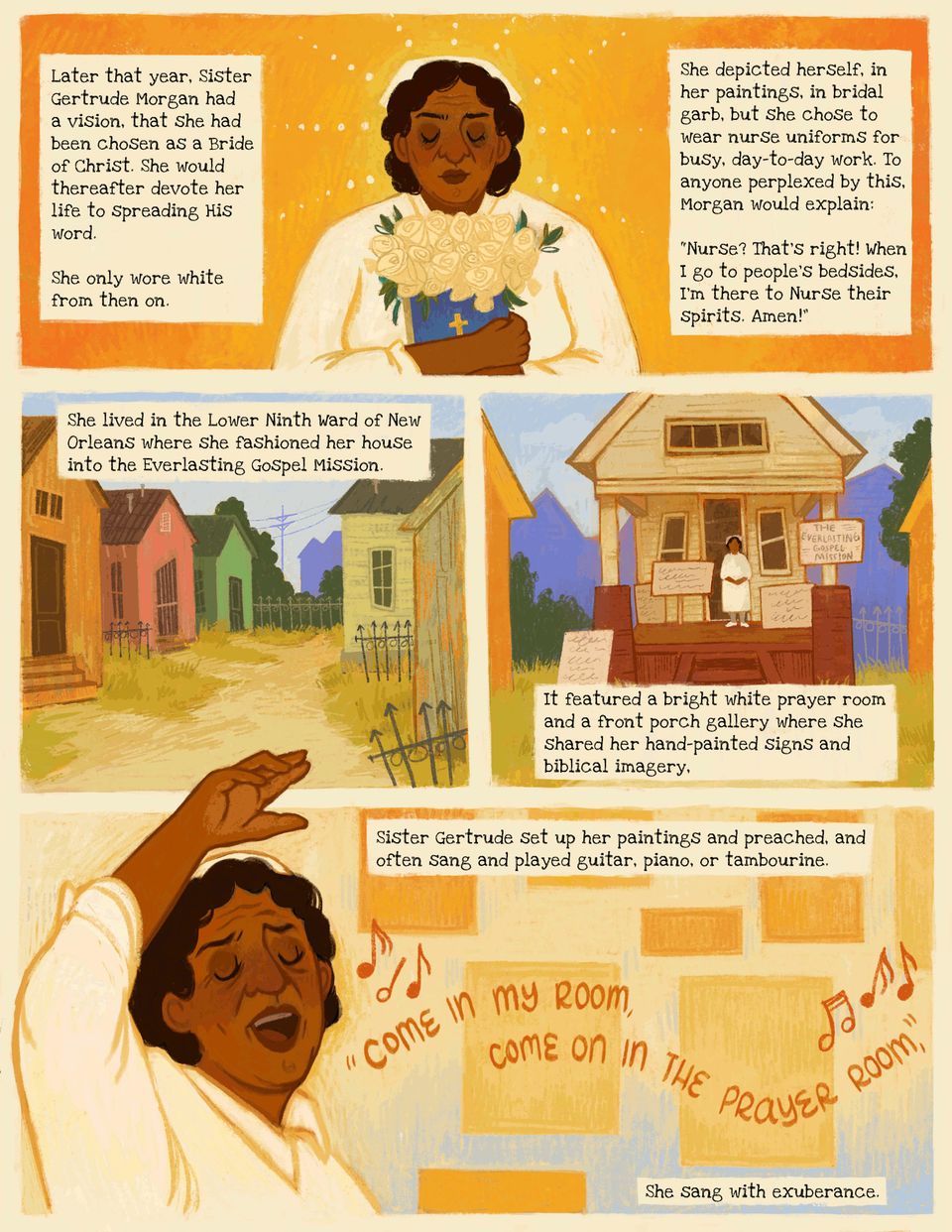 Illustrations and description of Sister Gertrude becoming the "chosen Bride of Christ" and turning her house in New Orleans into the Everlasting Gospel Mission.