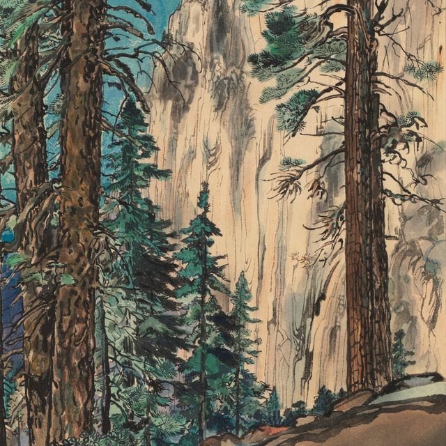 A watercolor image of some trees and a mountain in the background.
