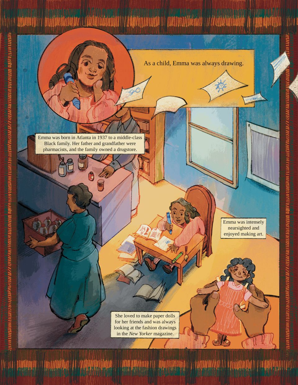 An illustration with text of Emma as a child drawing and making paper dolls in her parent's drug store.