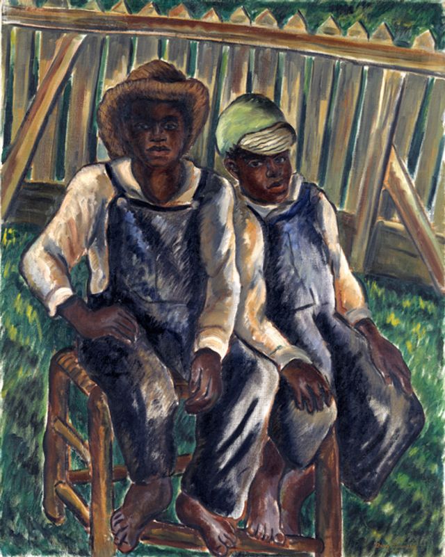 Johnson's oil painting of two brothers sitting in a chair.