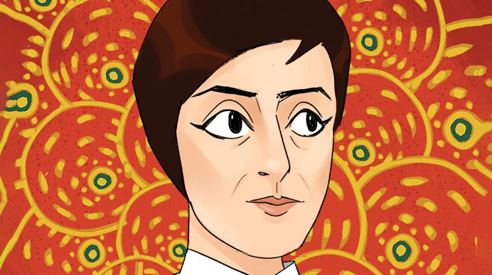 An illustrated portrait of a woman with short brown hair. The background is red with a yellow pattern.