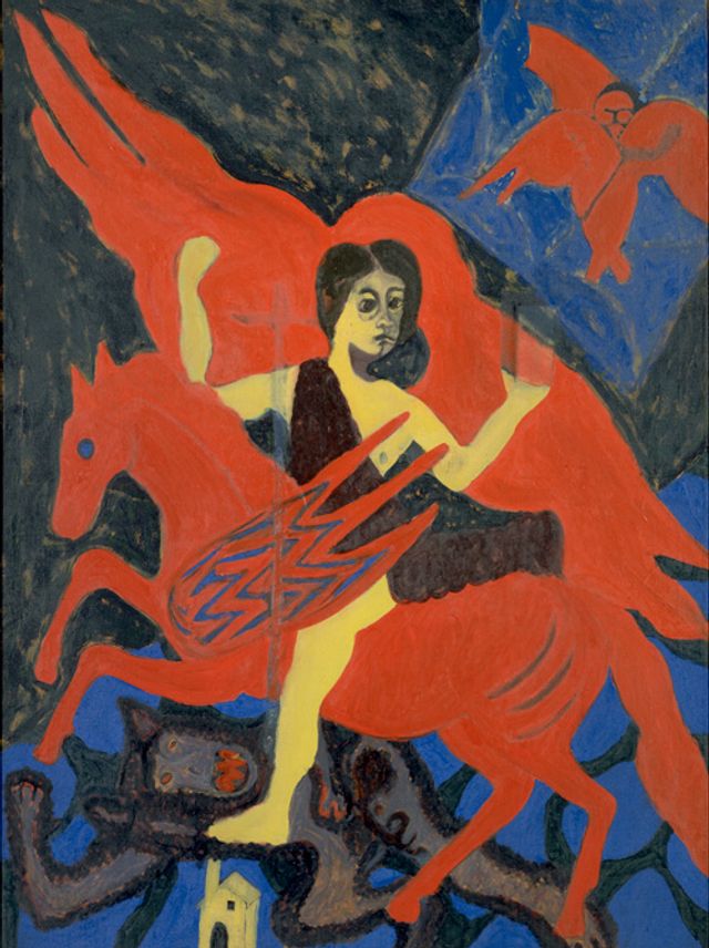 Thompson's oil painting of a woman riding a flying horse.