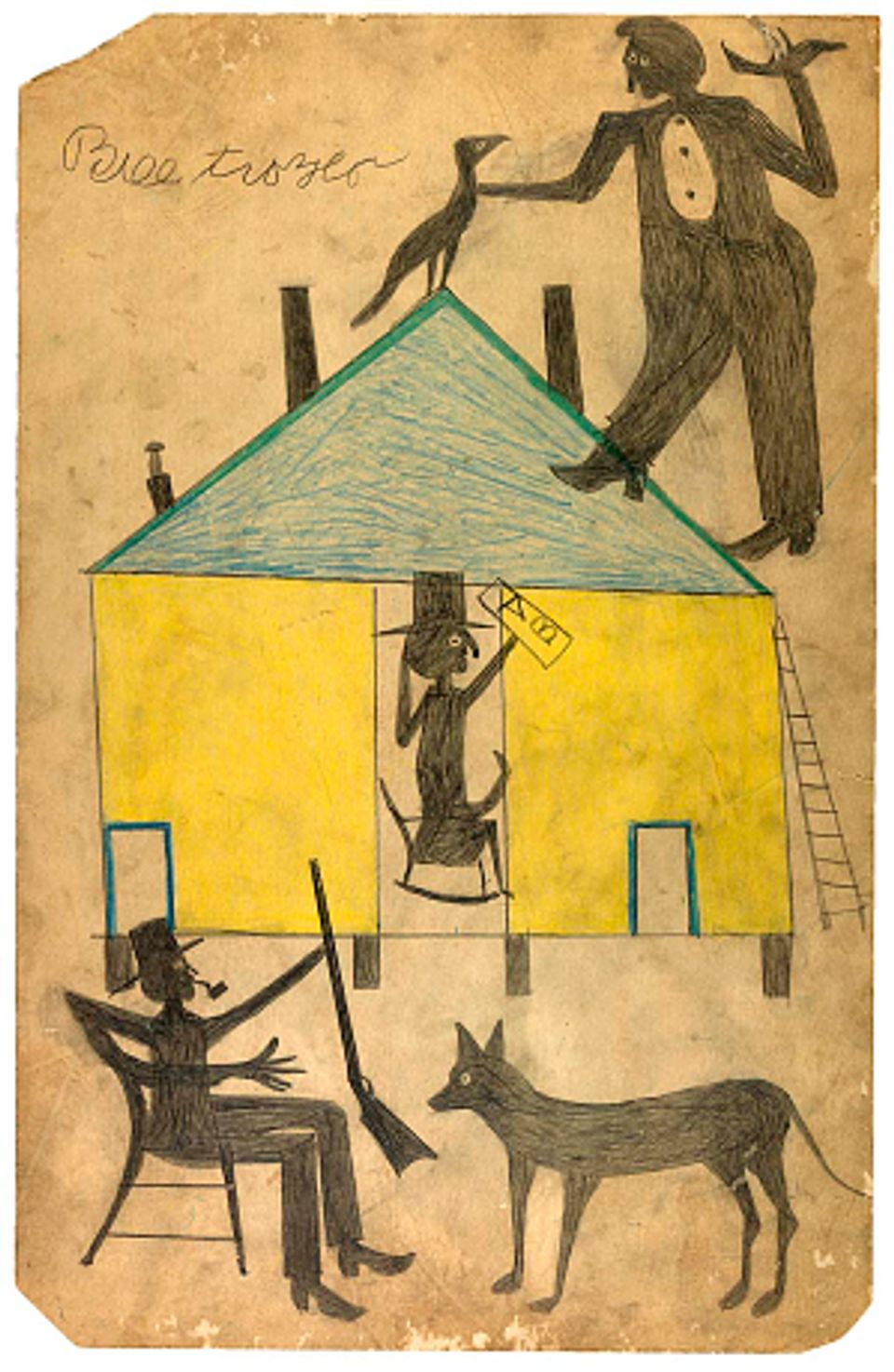 This is an image of an artwork by Bill Traylor that has a yellow house with someone standing on the roof and a dog below