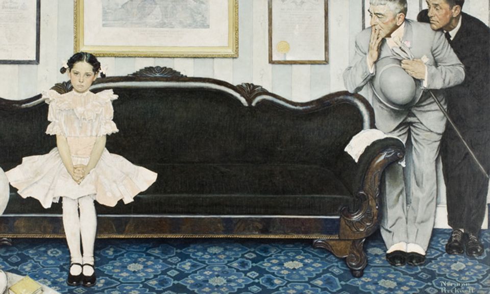 Rockwell's oil on canvas of a girl sitting on a couch with two older men looking at her.