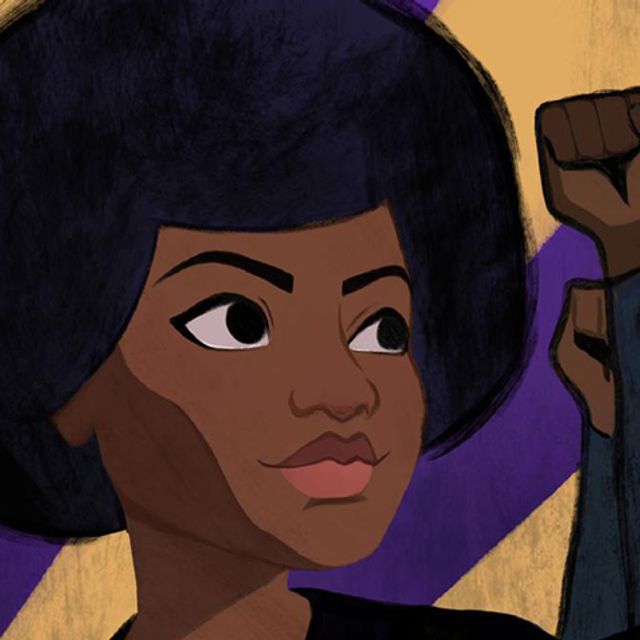 Close up of the face of an African American woman looking off into the distance. Fists are raised behind her in a show of solidarity.