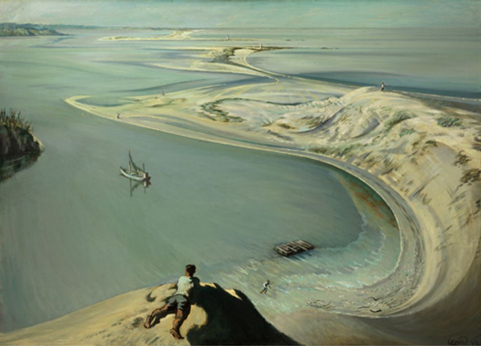 Ault's oil on canvas of a waterway with a man laying against a rock in the foreground.