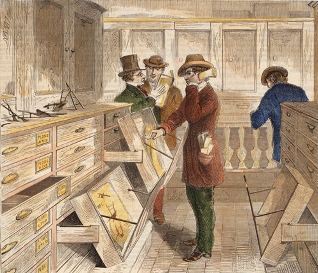Davis' hand-colored wood engraving of examiners at work in the patent office.