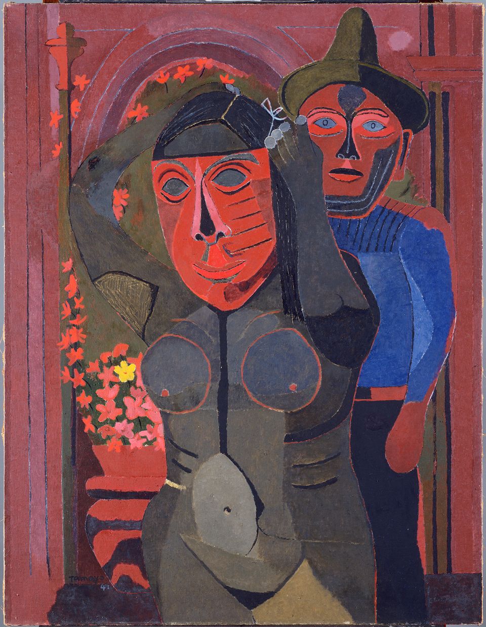 Oil on canvas of two figures at a carnival. 