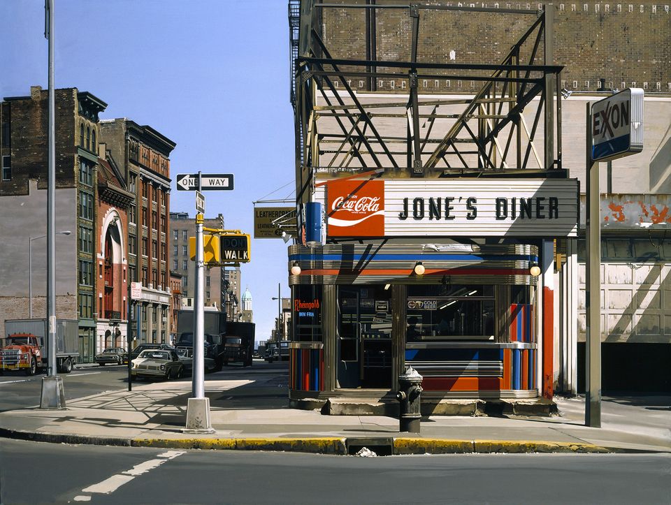Estes' Jone's Diner, a painting of a diner in the middle of a city block.