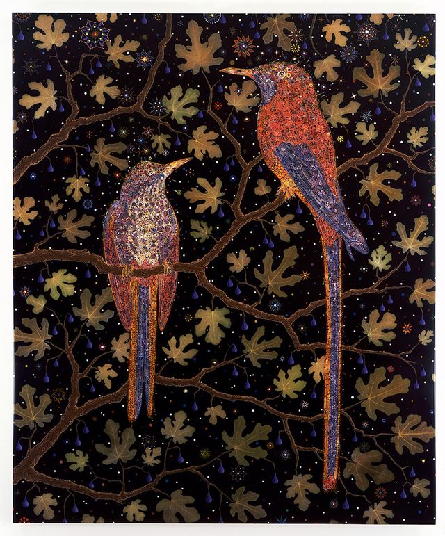 A collage of two birds on a tree. 