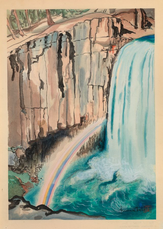 A watercolor image of a waterfall with a rainbow. 