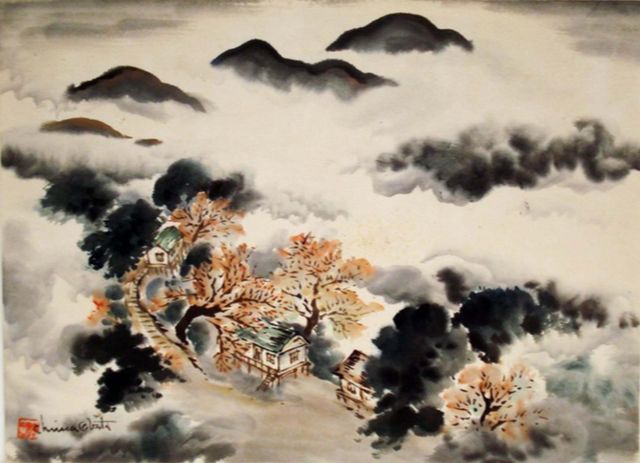 A painting with mountains and mist. 