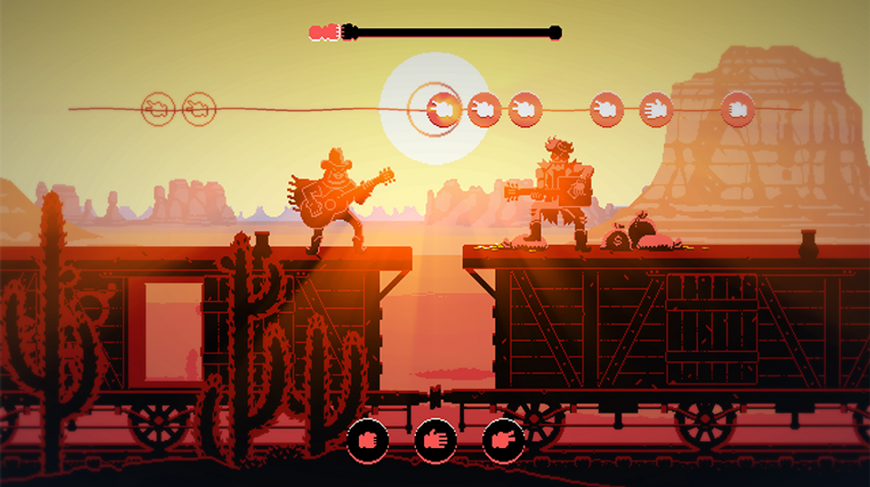 A screenshot of a video game with two people on top of a moving train in the desert with the sun in the background.